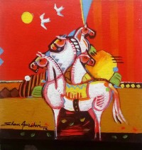 Shan Amrohvi, 08 x 08 inch, Oil on Canvas, Horse Painting, AC-SA-084
